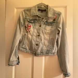 Brand: JouJou Size:Large (short jean jacket) Color: light denim red/pink flowers